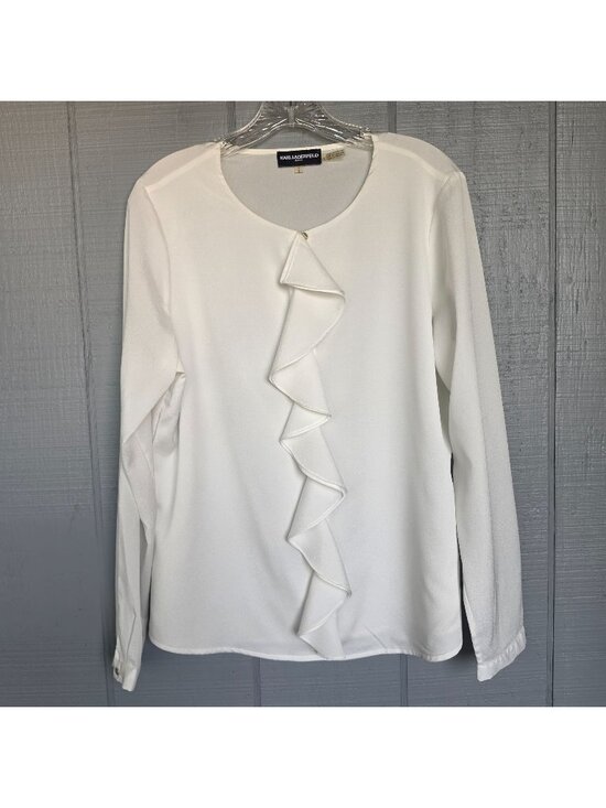 Karl Lagerfeld Tops - Karl Lagerfeld Paris White Ruffle Blouse Long Sleeve Career Office Top L